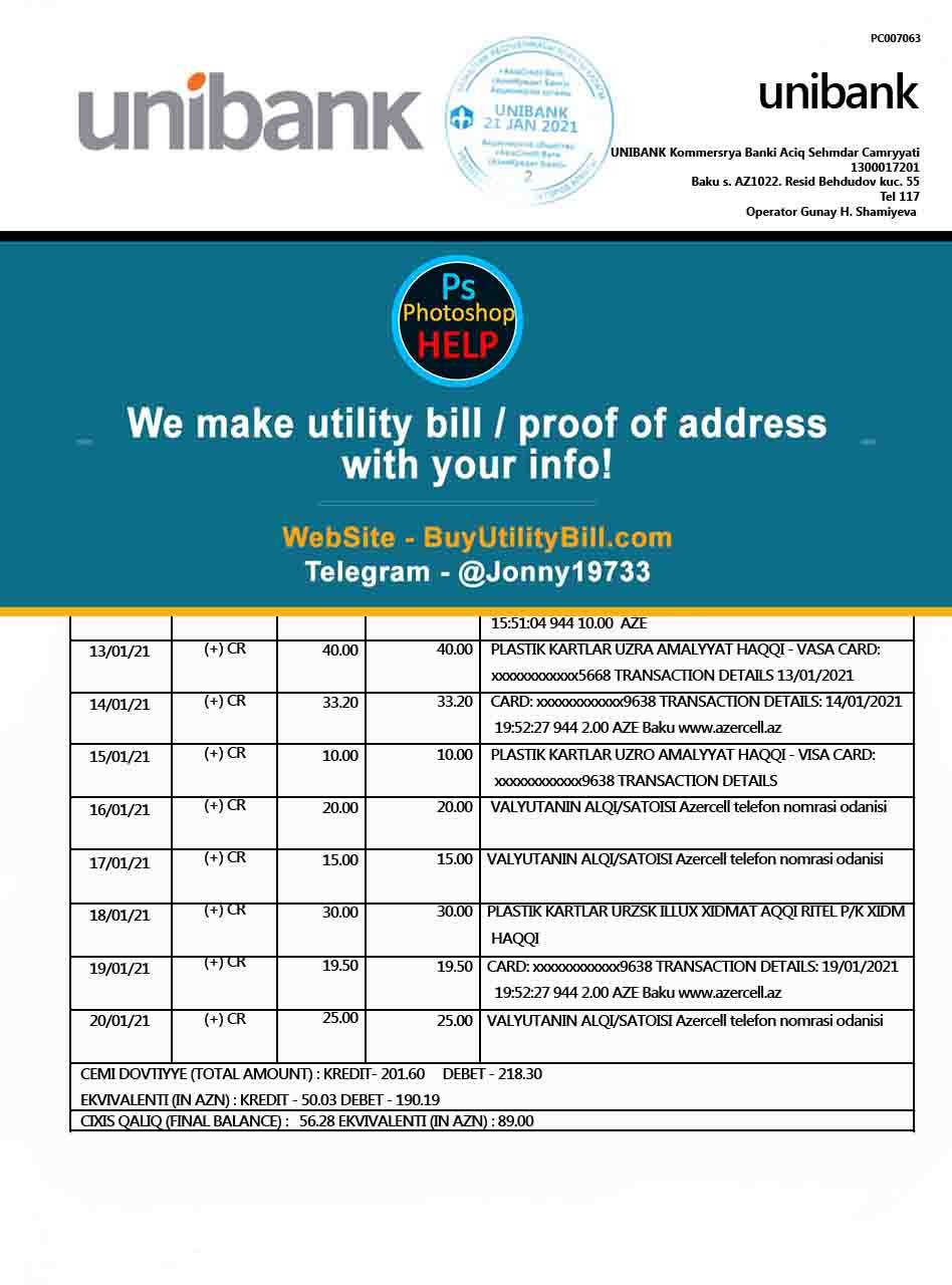 Azerbaijan UniBank Statement Fake Utility bill